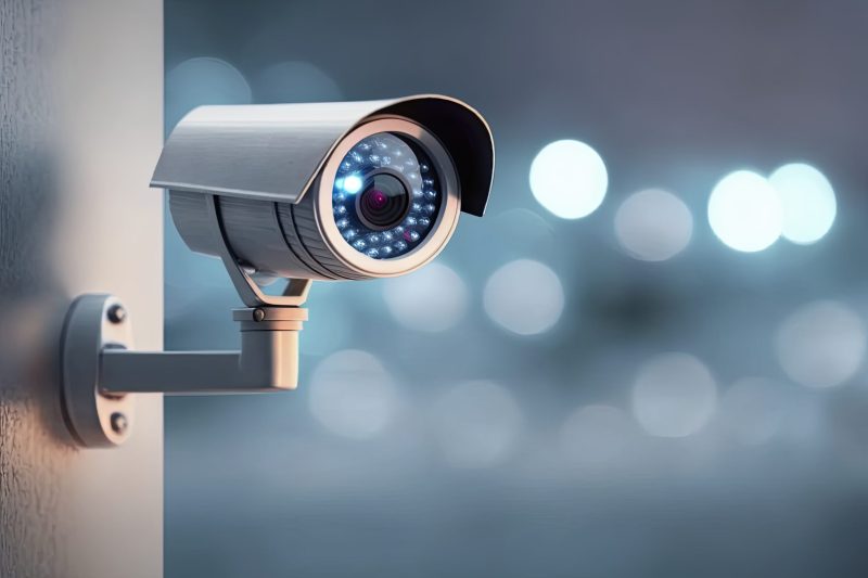 close-up-cctv-camera-panoramic-view-city-blurry-background